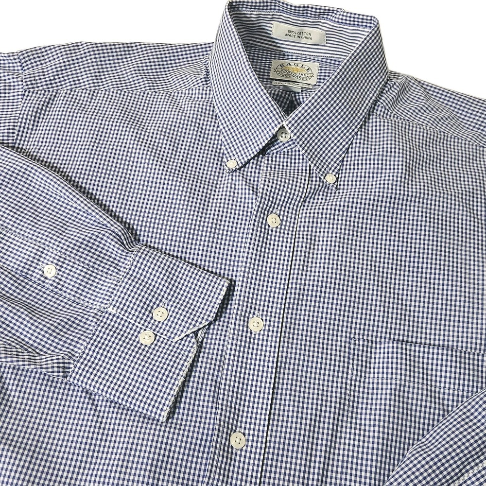 EAGLE SHIRTMAKER DRESS 16.5 32/33 NON IRON Check‎ M BLUE Oxford EUC